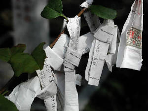Omikuji tied up on a tree